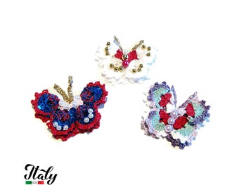 Colorful crochet butterfly in cotton 2.1x1.5 inc (5.5x4 cm) for Applications - 3 PIECES - Made in Italy