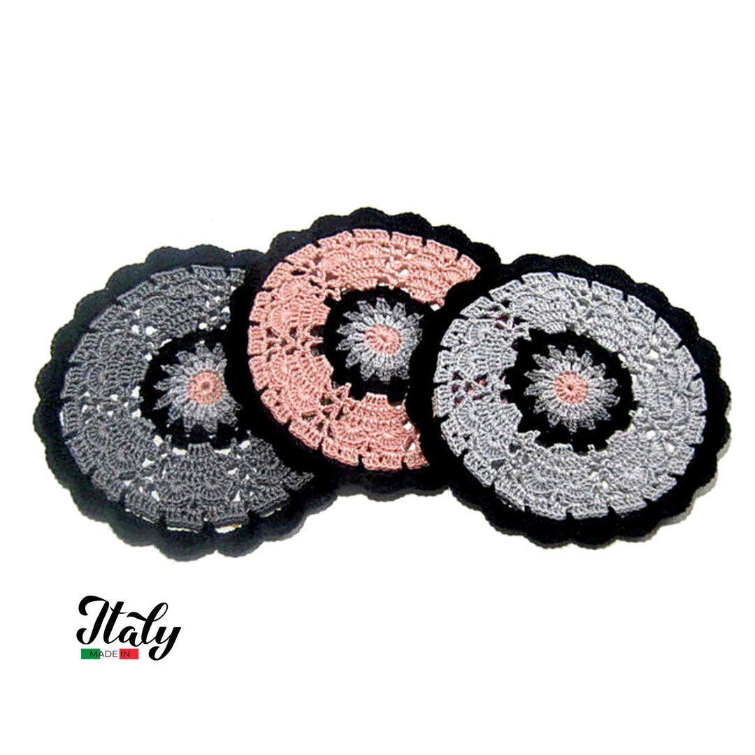 Round Gray, Pink and Black Crochet Coasters in Cotton 5.5 Inc (14 Cm ...