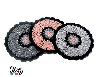 Round Gray, Pink and Black crochet coasters in cotton 5.5 inc (14 cm) for Table Decor - 3 PIECES - Made in Italy