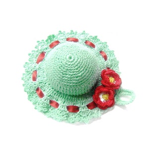 Aquamarine and Red crochet hat pincushion in cotton 4.3 inc (11 cm) for Sewing Lovers - Made in Italy