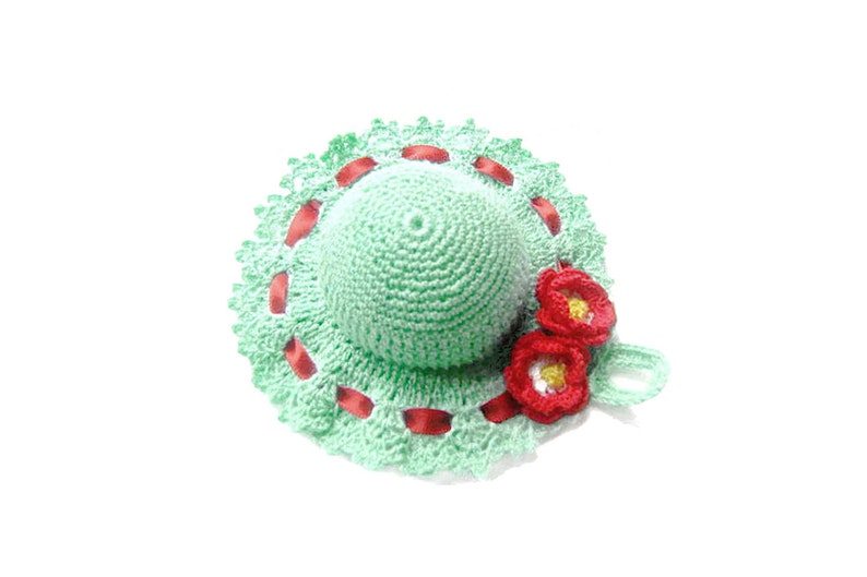 Aquamarine and Red crochet hat pincushion in cotton 4.3 inc (11 cm) for Sewing Lovers - Made in Italy