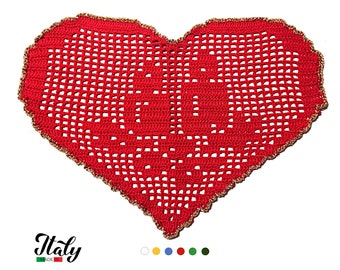 Christmas Red and Gold crochet heart doily with candles in cotton 11.6x7.6 inc (29.5x19.5 cm) for Home - CHOICE OF COLORS - Made in Italy