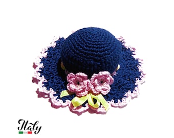 Dark Blue and Pink crochet hat pincushion in cotton 4.5 inc (11.5 cm) for Sewing Lovers - Made in Italy