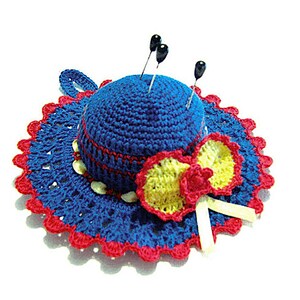 Electric Blue crochet hat pincushion in cotton 4.7 inc (12 cm) for Sewing Lovers - Made in Italy