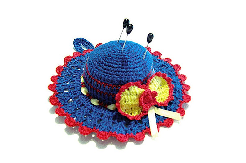 Electric Blue crochet hat pincushion in cotton 4.7 inc (12 cm) for Sewing Lovers - Made in Italy