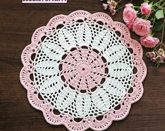 White and Pink Cotton Crochet Doily 8.6 Inc - Round Home Decor 10CN