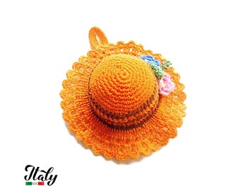 Orange crochet hat pincushion with colorful flowers in cotton 3.9 inc (10 cm) for Sewing Lovers - Made in Italy