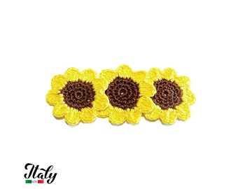 Yellow and Brown crochet sunflower flower in cotton 1.7 inc (4.5 cm) for Applications - 3 PIECES - Made in Italy