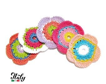 Colorful crochet flower in cotton 1.9 inc (5 cm) for Applications - 5 PIECES - Made in Italy