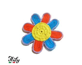 Yellow, Orange, Turquoise and Purple crochet flower in cotton 3.7 inc (9.5 cm) for Applications - Made in Italy