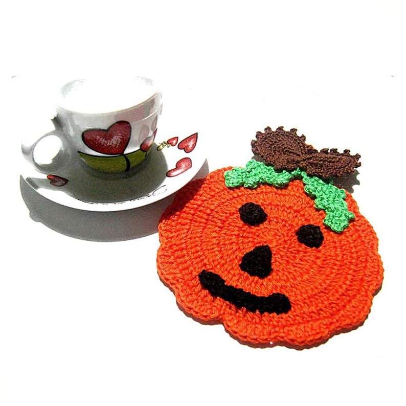 LISTO PARA ENVIAR Salvamanteles de calabaza de ganchillo naranja 4.5x5.5 inc (11.5 x 14 cm) - Decoración de Halloween (9HL) imagen 2