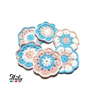 Turquoise, Pale Pink and White crochet flower in cotton 3.1 inc (8 cm) for Applications 21PP - 6 PIECES - Made in Italy