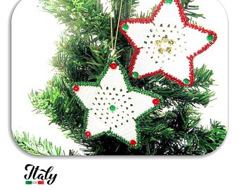 Christmas White crochet hanging stars with Red and Green border in cotton 3.7 inc (9 cm) for Tree Decor - 2 PIECES - Made in Italy