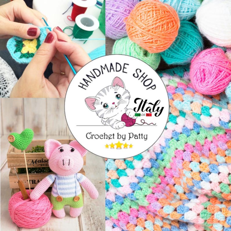 Puede incluir: Un collage con proyectos de ganchillo que incluye un cuadrado granny colorido, un mu&ntilde;eco amigurumi de cerdito rosa con peto a rayas, un coraz&oacute;n verde en un palo y varias bolas de lana. Un logotipo circular muestra un gatito y el texto Handmade Shop Italy.