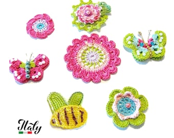 Colorful crochet flowers and butterflies for Applications - 7 PIECES - Made in Italy