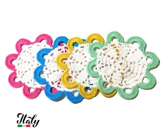 White crochet coasters with colorful border in cotton 4.5 inc (11.5 cm) for Table Decor - 4 PIECES - Made in Italy