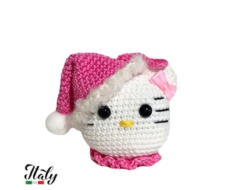 Christmas Amigurumi Ball Pink crochet Hello Kitty in cotton 3.5x3.5 inc (9x9 cm) for tree - Made in Italy