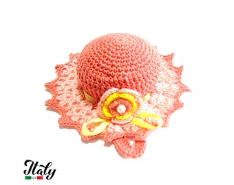 Salmon crochet hat pincushion in cotton 4.5 inc (11.5 cm) for Sewing Lovers - Made in Italy