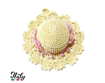 Sand and Pink crochet hat pincushion in cotton 4.1 inc (10.5 cm) for Sewing Lovers - Made in Italy