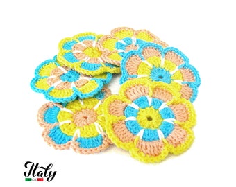 Turquoise, Salmon, Yellow and White crochet flower in cotton 2.3 inc (6 cm) for Applications - 6 PIECES - Made in Italy