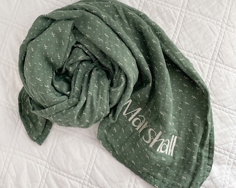 Personalized Dark Green Mountain Muslin Swaddle Blanket-Baby Swaddle-Nursing Cover-Receiving Blanket-Embroidered-Monogrammed