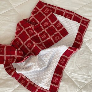May include: A red and white baby blanket with a checkered pattern and a white minky backing. The blanket features a repeated logo of a stylized letter "S" in white.