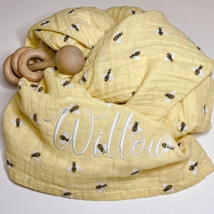 Personalized Bumblebee Muslin Swaddle Blanket-Light Mustard Yellow-Baby Swaddle-Nursing Cover-Receiving Blanket-Embroidered-Monogrammed