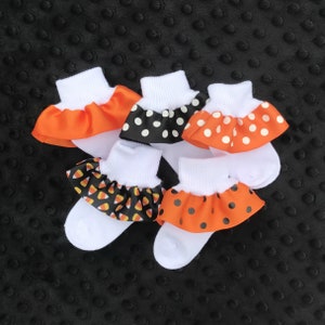 Halloween Ruffled Socks-Orange Black -Ribbon Trimmed Anklets-Baby Girls-Newborn-Infant-Toddler-White Turn Cuff Socks