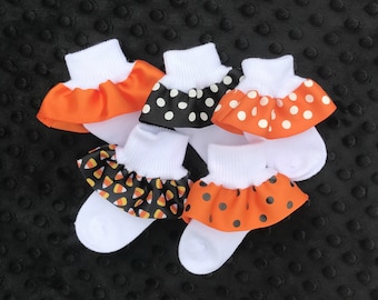 Halloween Ruffled Socks-Orange Black -Ribbon Trimmed Anklets-Baby Girls-Newborn-Infant-Toddler-White Turn Cuff Socks