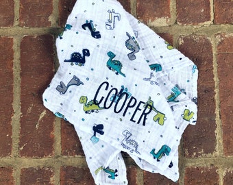 Personalized Dinosaur Muslin Swaddle Blanket-Navy Green Gray Teal Dinosaurs-Large Baby Swaddle-Nursing Cover-Embroidered-Monogrammed