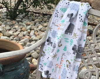 Personalized Mini Muslin Swaddle Blanket-Muslin Lovey-Security Blanket-Travel Blanket-Safari-Jungle-Zoo Animals-Embroidered-Monogrammed