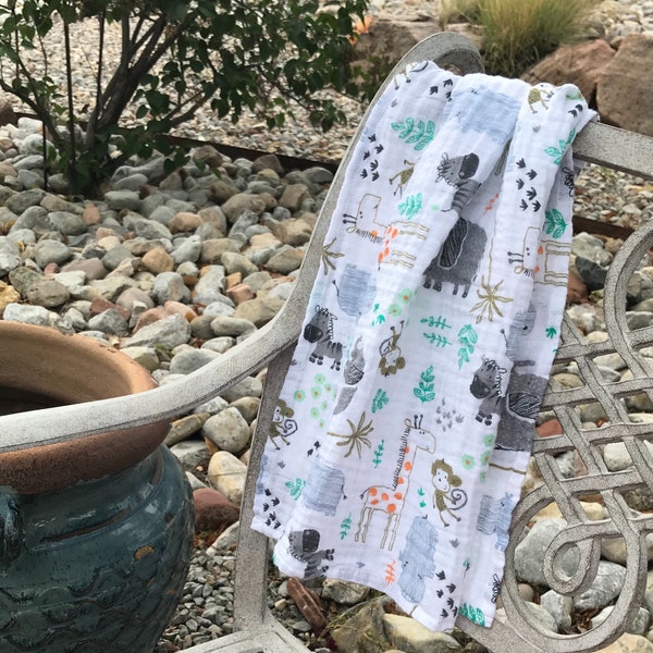 Personalized Mini Muslin Swaddle Blanket-Muslin Lovey-Security Blanket-Travel Blanket-Safari-Jungle-Zoo Animals-Embroidered-Monogrammed