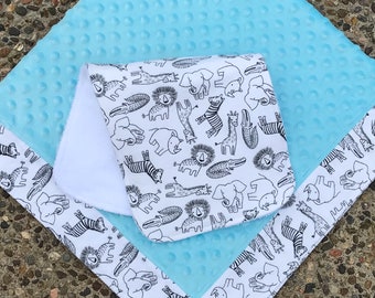 Personalized Lovey-Doll Blanket-Security Blanket-Minky-Flannel-Wild Animals-Embroidered-Monogrammed