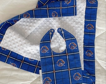 Boise Baby Set-Lovey and Bib-Blue and Orange-Personalized-Stadium Blanket-Tailgate-Minky-Flannel-Embroidered