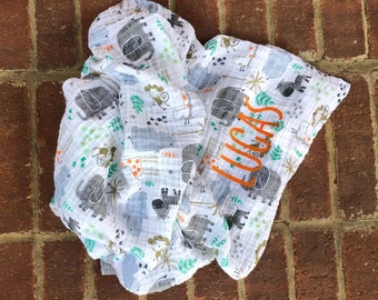 Personalized Animal Safari Muslin Swaddle Blanket-Jungle Zoo Animals-Baby Swaddle-Nursing Cover-Receiving Blanket-Embroidered-Monogrammed