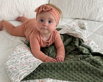 Personalized Baby Blanket-Receiving Blanket-Toddler Blanket-Security Blanket-Minky-Flannel-Ferns Flowers-Olive Green-Embroidered-Monogrammed