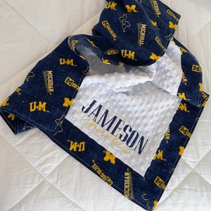 Ann Arbor Baby Blanket-Blue and Maize-Personalized-Receiving Blanket-Stadium Blanket-Tailgate-Minky-Flannel-Embroidered