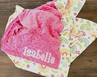 Personalized Baby Blanket-Receiving Blanket-Toddler Blanket-Security Blanket-Minky-Flannel-Rainbows-Flowers-Pink-Embroidered-Monogrammed