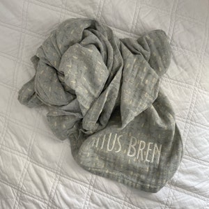 Personalized Neutral Wilderness Muslin Swaddle Blanket-Mountains-Trees-Baby Swaddle-Nursing Cover-Receiving Blanket-Embroidered-Monogrammed