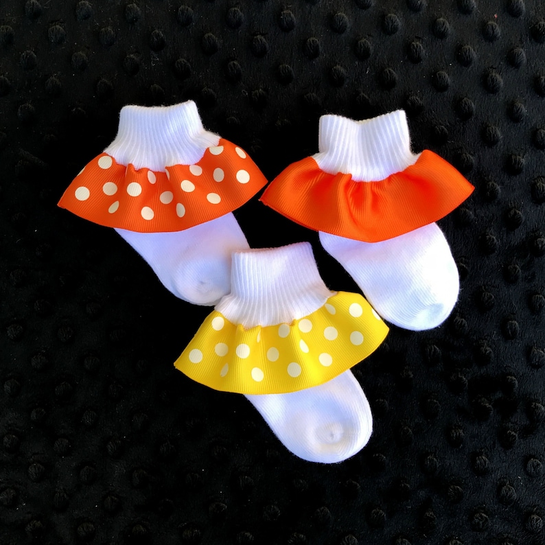 Ruffled Socks-Ribbon Trimmed Anklets-Baby Girls-Newborn-Infant-Toddler-Orange-Yellow-White Turn Cuff Socks-Satin Ribbon-Grosgrain Ribbon image 1