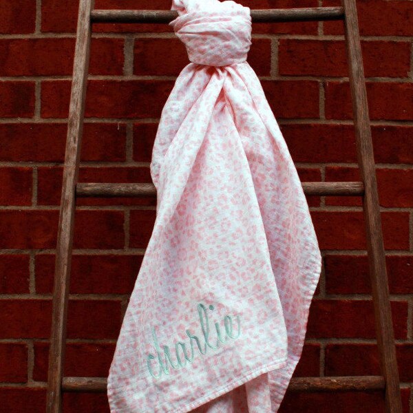 CLEARANCE-LIMITED QUANTITIES-Personalized Muslin Swaddle Blanket-Pink Cheetah Print-Baby Swaddle-Nursing Cover-Embroidered-Monogrammed