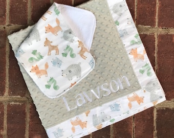 Personalized Lovey-Doll Blanket-Security Blanket-Minky-Flannel-Forest Animals-Embroidered-Monogrammed