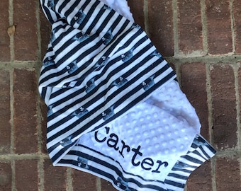 Personalized Baby Blanket-2 Sizes-Receiving Blanket-Doll Blanket-Lovey-Security Blanket-Minky-Flannel-Nautical-Whale-Embroidered-Monogrammed