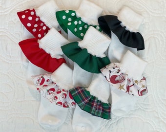 Christmas Ruffled Socks-Santa-Red-Green-Plaids-Ribbon Trimmed Anklets-Baby Girls-Newborn-Infant-Toddler-Turn Cuff Socks
