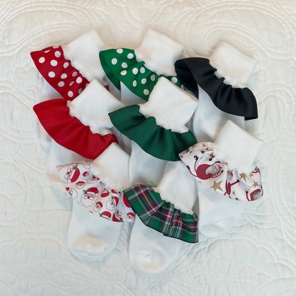 Christmas Ruffled Socks-Santa-Red-Green-Plaids-Ribbon Trimmed Anklets-Baby Girls-Newborn-Infant-Toddler-Turn Cuff Socks