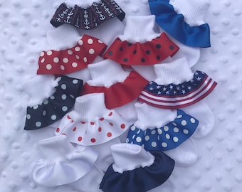 Patriotic Ruffled Socks-Red White Blue-Fourth of July-USA Flag-Ribbon Trimmed Anklets-Baby Girls-Newborn-Infant-Toddler-White TurnCuff Socks