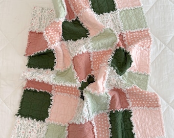 Blush Pink Sage Green Boho Rag Quilt-Baby Blanket-Toddler Quilt-Twin Bed Throw-Lap Quilt-Flannel