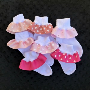 Ruffled Socks-Ribbon Trimmed Anklets-Baby Girls-Newborn-Infant-Toddler-Pink-Hot Pink-White Turn Cuff Socks-Satin Ribbon-Grosgrain Ribbon