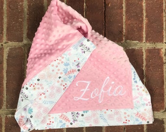 Personalized Lovey-Doll Blanket-Security Blanket-Minky-Flannel-Wild Flowers-Embroidered-Monogrammed