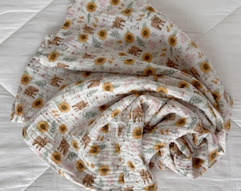 Personalized Highland Cow Muslin Swaddle Blanket-Sunflowers-Farm-Homestead-Baby-Nursing Cover-Receiving Blanket-Embroidered-Monogrammed